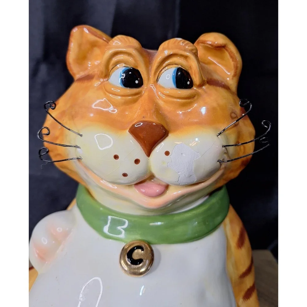 Vintage DCI Jim Orange 1990s Cat Ceramic Cookie Jar Green Collar Wire Whiskers